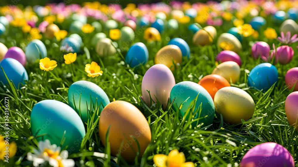 Easter eggs lying in green grass on meadow at spring day Easter eggs lying in green grass on meadow at spring day