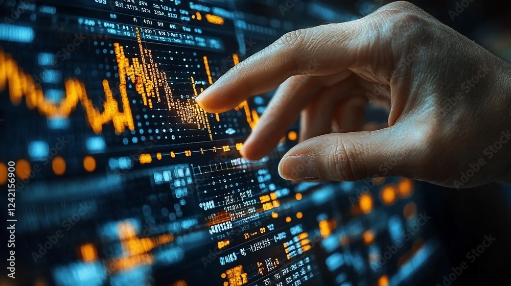Close-up of a hand interacting with a digital financial chart displaying market trends and data analytics Close-up of a hand interacting with a digital financial chart displaying market trends and data analytics