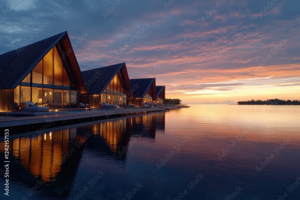 Obraz premium A breathtaking golden sunset casts vibrant reflections on the surface of tranquil waters surrounding stylish overwater villas, symbolizing peace and beauty.