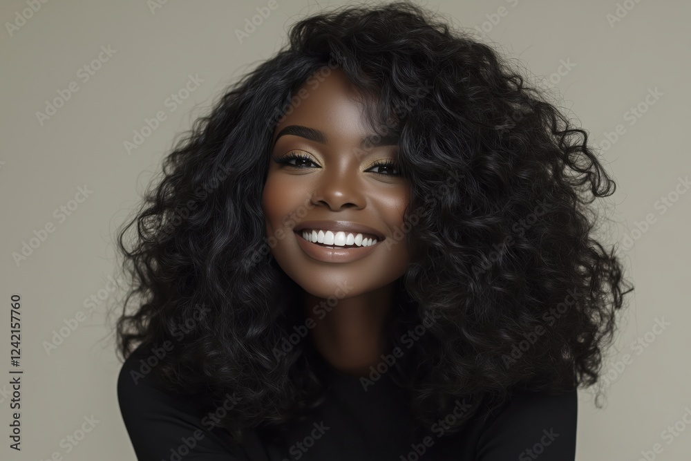 A smiling woman with curly black hair and radiant skin against a neutral background. A smiling woman with curly black hair and radiant skin against a neutral background.