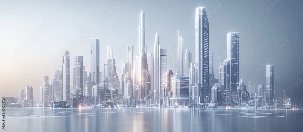 Fototapeta premium Futuristic city skyline at dawn, reflecting on water, with modern architecture and soft lighting