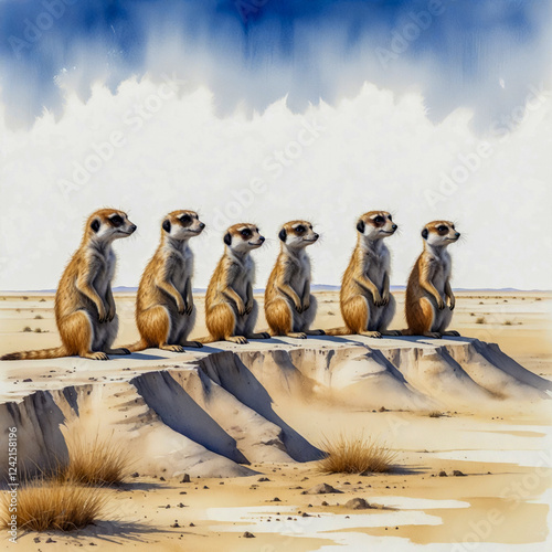 watercolor of a group of meerkats standing alert on a mound in the Makgadikgadi salt pans photo