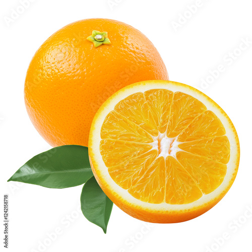 Orange, half orange  and leaves for advertising transparent background PNG format.
