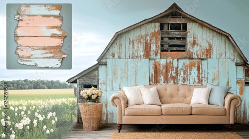 Rustic Chic Barn Wall Decor with Sofa and Flowers