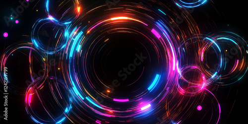 Glowing neon circles rotating and creating a futuristic background