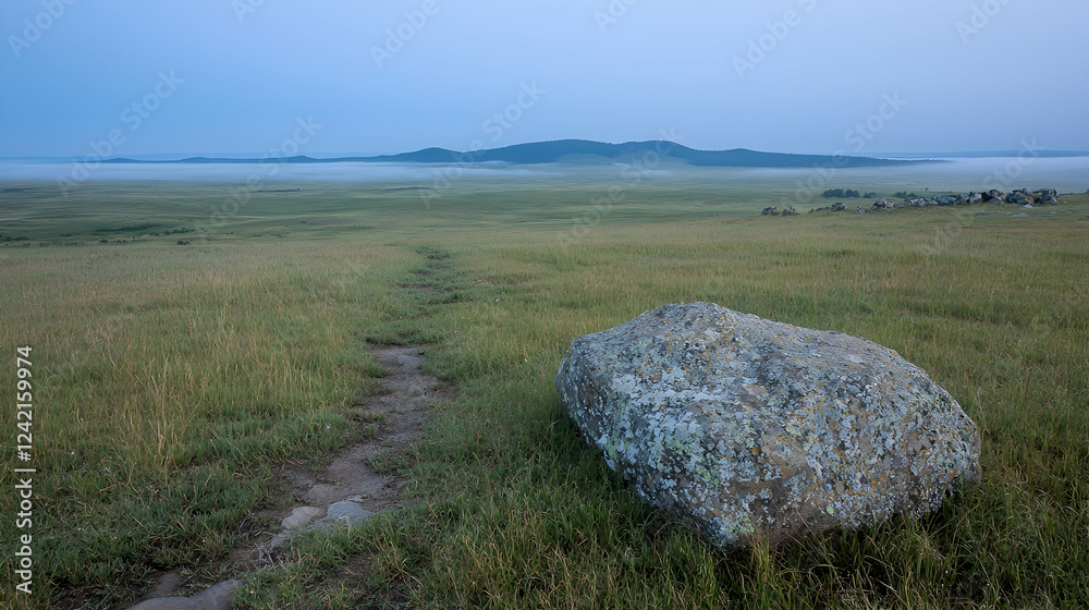 Serene dawn, grassy plains path, distant hills, misty landscape, nature photography Serene dawn, grassy plains path, distant hills, misty landscape, nature photography