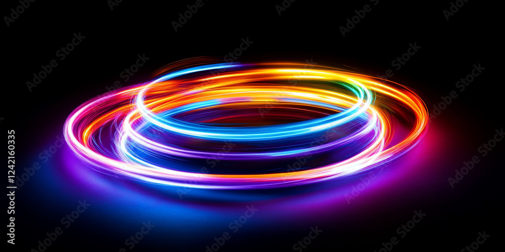Abstract light trails, colorful circles, dark background, tech design Abstract light trails, colorful circles, dark background, tech design
