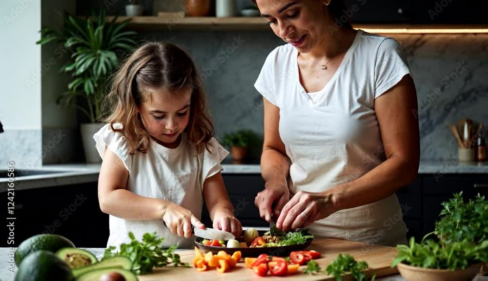 c mother and little daughter cooking in the kitchen