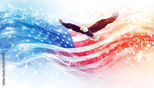 A dynamic American flag, wavy and vibrant, with an eagle soaring through the scene, symbolizing freedom and strength, perfect for a 4th of July backdrop.