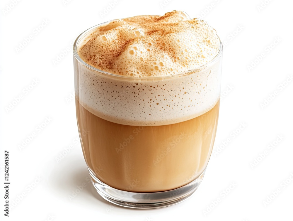 A Delicate Glass of Foamy Latte Topped with Cinnamon Powder on White Surface A Delicate Glass of Foamy Latte Topped with Cinnamon Powder on White Surface