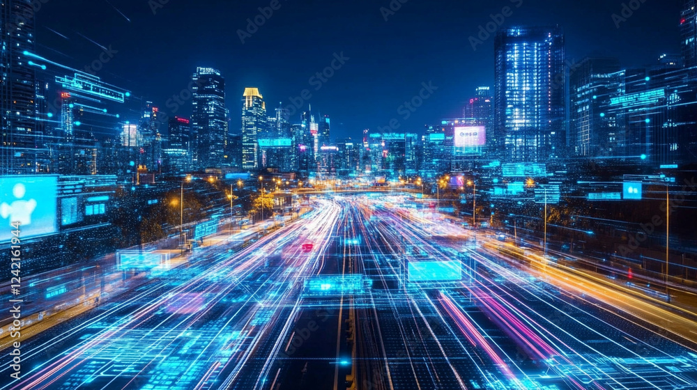 Fototapeta premium Urban cityscape at night with bright blue illuminated skyscrapers, dynamic light trails from moving traffic, and a futuristic architectural aesthetic