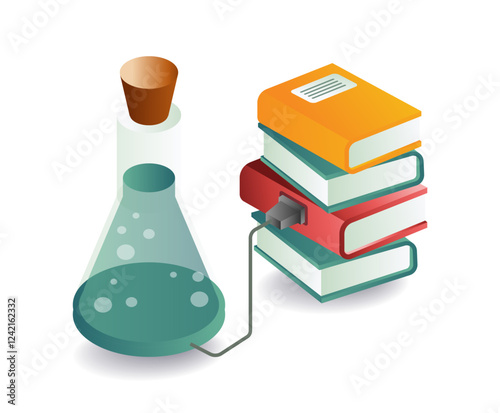 Experimental bottle with stack of books illustration concept