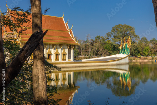 Background of beautiful religious tourist attraction,the church in the middle of the river in Wat Sa Prasan Suk (Wat Ban Na Muang), Ubon Ratchathani,Thailand,has ancient sculptures worth studying. photo