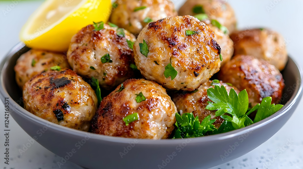 Delicious grilled chicken meatballs in bowl with lemon and parsley Delicious grilled chicken meatballs in bowl with lemon and parsley