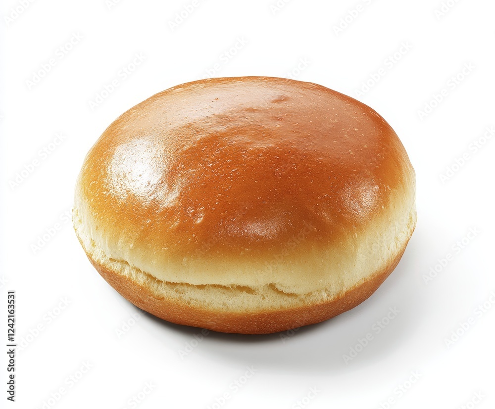 A single, round, golden-brown burger bun isolated on a white background. A single, round, golden-brown burger bun isolated on a white background.