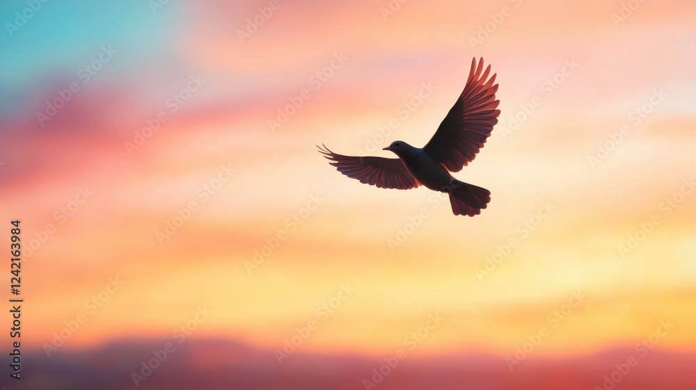 Fototapeta premium Bird soaring gracefully against colorful sunset sky