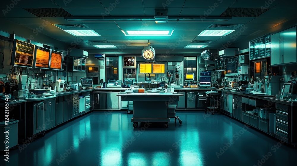 Sterile operating room at night.