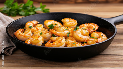 Sizzling gambas al ajillo served in a cast iron skillet with garlic, olive oil, and fresh parsley in a warm, inviting setting photo