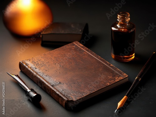 Vintage retro styles concept. A vintage writing set featuring a leather-bound notebook, ink bottle, and fountain pen, illuminated by warm light, creating a cozy atmosphere.
