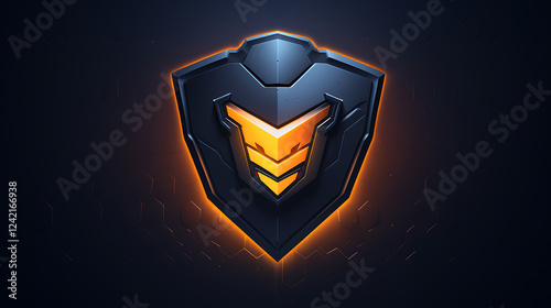 Glowing shield emblem; futuristic game rank; dark background; digital art