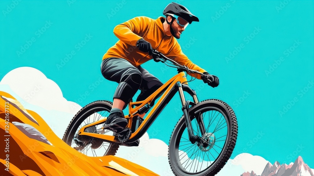Obraz premium Mountain Biker Riding Downhill in Vibrant Outdoor Environment