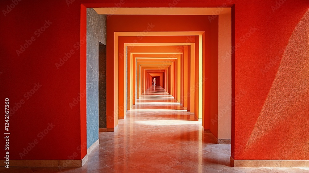 Vibrant orange corridor with repeating arches leading to a distant light, showcasing architectural design Vibrant orange corridor with repeating arches leading to a distant light, showcasing architectural design