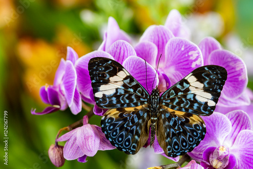 USA, Washington State, Sammamish. Tropical butterfly the cracker buttery, wings out on purple orchids photo