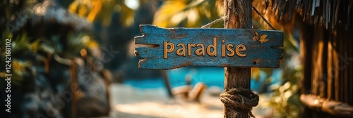 A Deceptive Beachfront Sign Reading "Paradise" Mounted on Weathered Wood Amidst a Tropically Themed Environment Basking in Golden Sunset Light