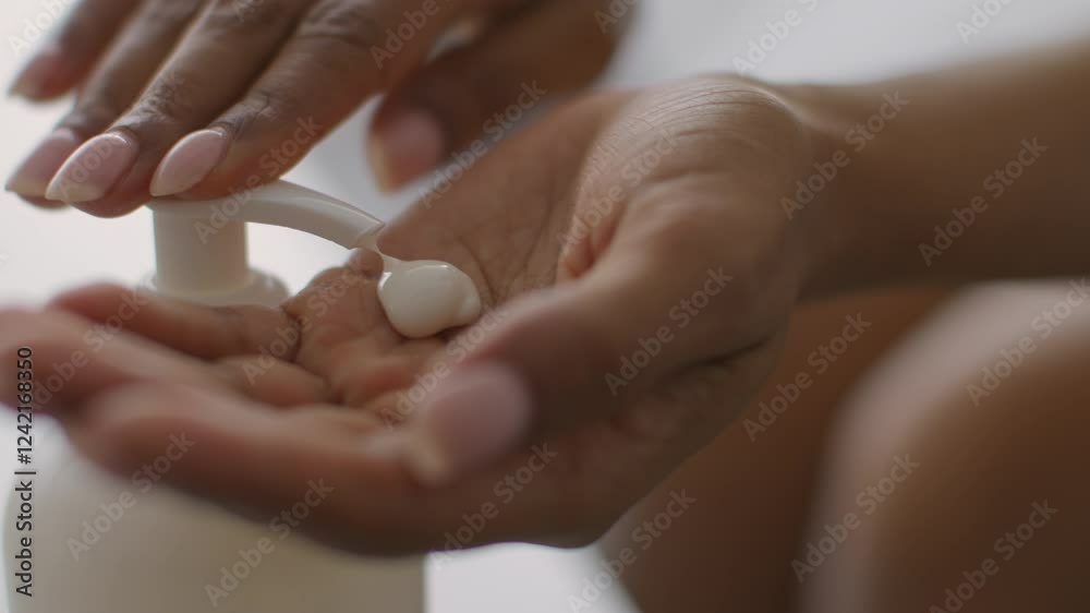 A young African American woman is indulging in her skincare routine at home. She is applying a soothing lotion, surrounded by a peaceful atmosphere that encourages self-care. A young African American woman is indulging in her skincare routine at home. She is applying a soothing lotion, surrounded by a peaceful atmosphere that encourages self-care.