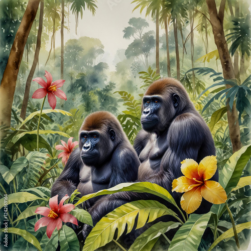 watercolor of a family of lowland gorillas resting in the thick vegetation of the Congo Basin.
