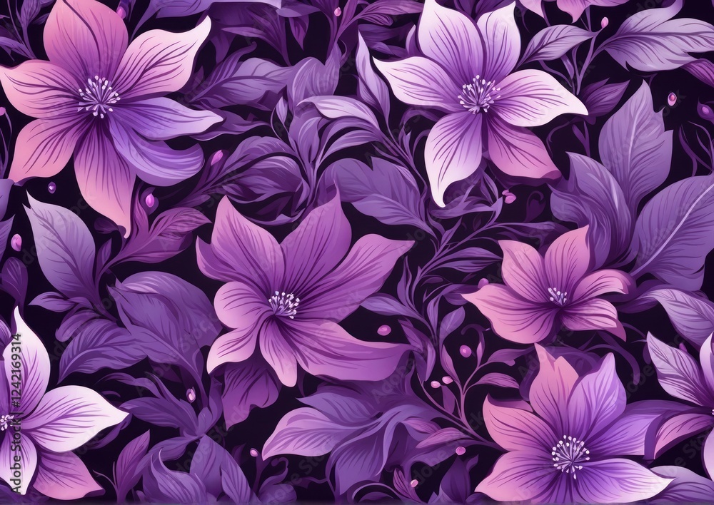 Purple Floral Pattern with Lush Leaves on a Dark Background. Ideal for textile designs, wallpapers Purple Floral Pattern with Lush Leaves on a Dark Background. Ideal for textile designs, wallpapers