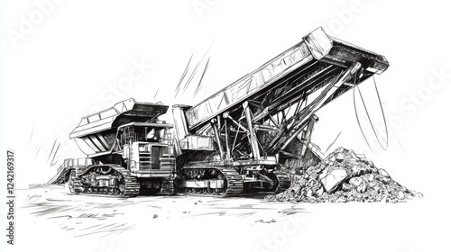 Set of black and white sketches depicting a tracked incline screener and a mobile crushing plant photo