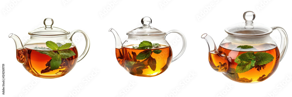 A Set of Steaming Glass Teapots with Herbal Infused Tea Isolated on Transparent Background A Set of Steaming Glass Teapots with Herbal Infused Tea Isolated on Transparent Background