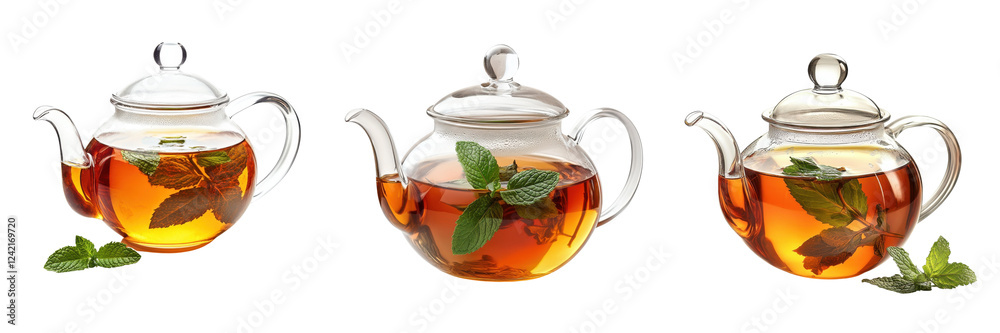 A Set of Elegant Glass Teapots Filled with Herbal Tea and Mint Isolated on Transparent Background A Set of Elegant Glass Teapots Filled with Herbal Tea and Mint Isolated on Transparent Background