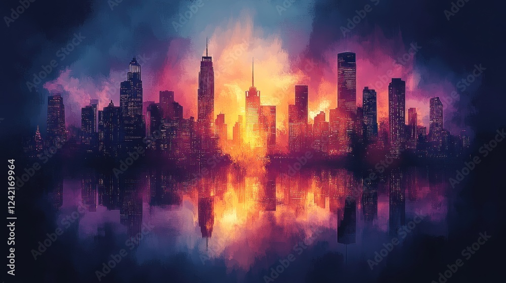 Fototapeta premium Vibrant cityscape skyline reflected in water at sunset.