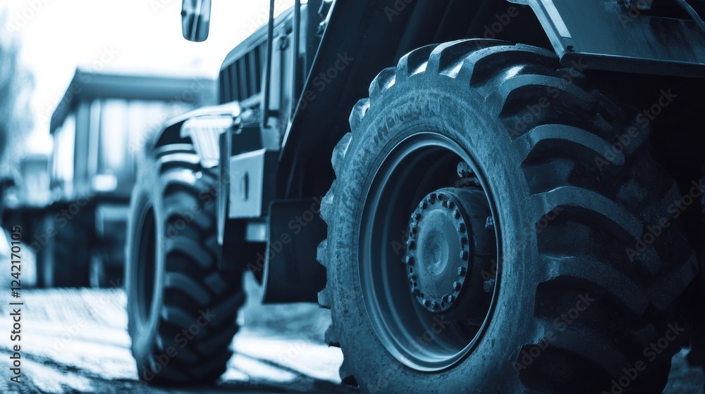 Heavy Machinery Tire on Construction Site in Blue Tone Heavy Machinery Tire on Construction Site in Blue Tone