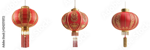 A Set of Vibrant Red Chinese Lanterns Adorned with Golden Accents Isolated on Transparent Background