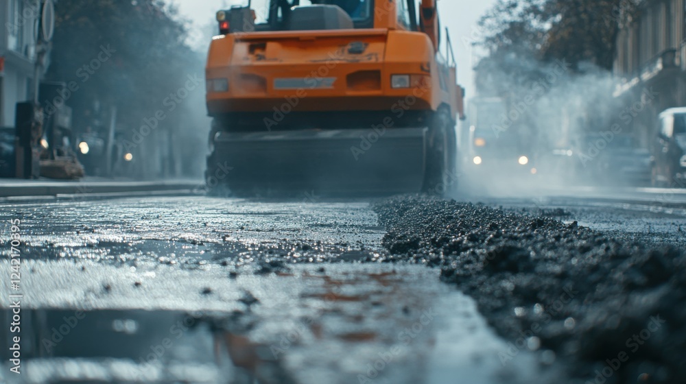 Orange Asphalt Roller Smoothes Freshly Laid Blacktop Surface Orange Asphalt Roller Smoothes Freshly Laid Blacktop Surface