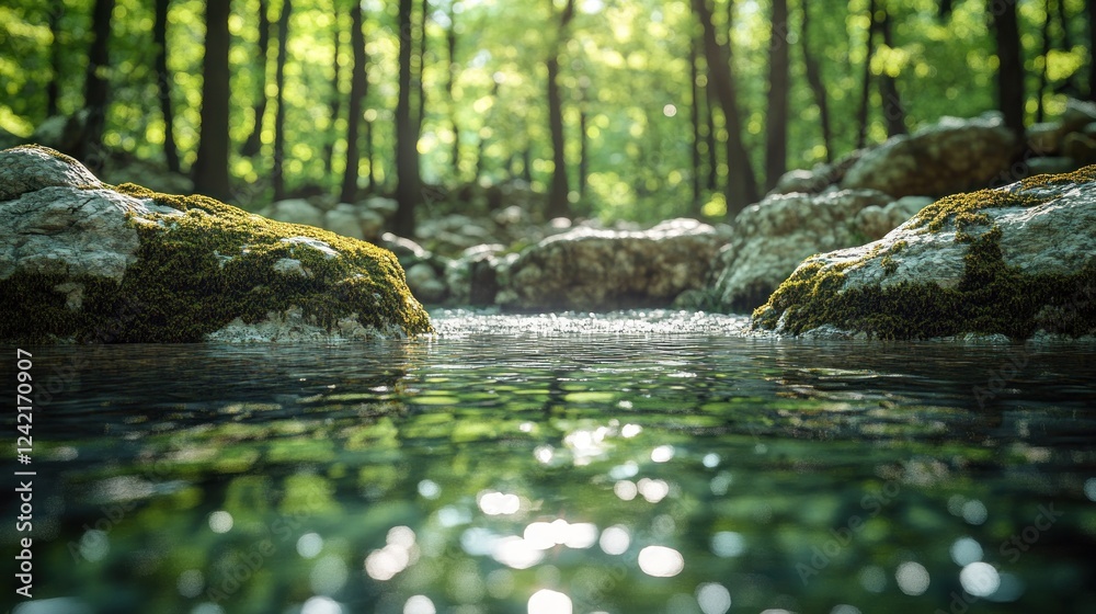 Fototapeta premium Sunlit stream flowing over mossy rocks in a lush green forest.