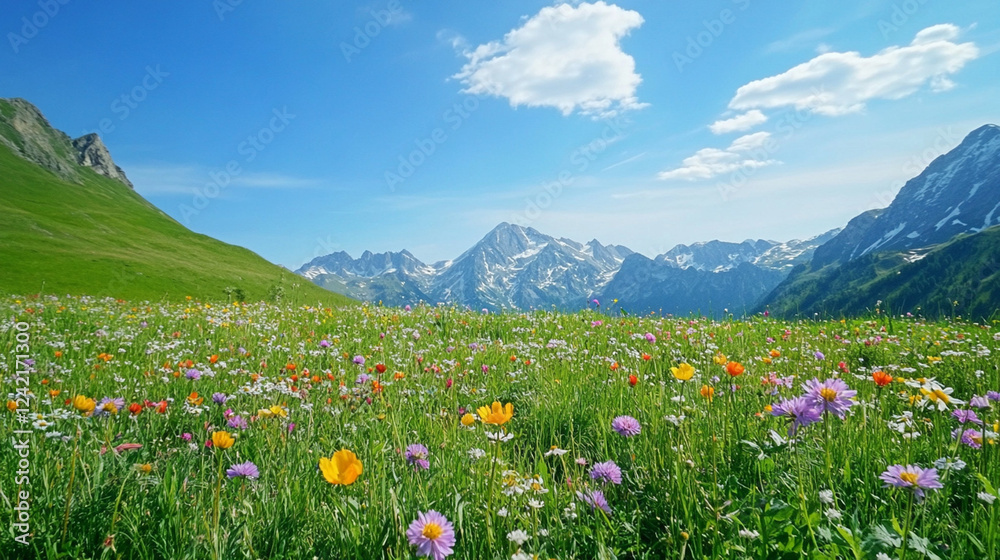 Fototapeta premium Idyllic wildflower meadow with bright yellow blooms stretching towards a distant mountain range under a clear blue sky