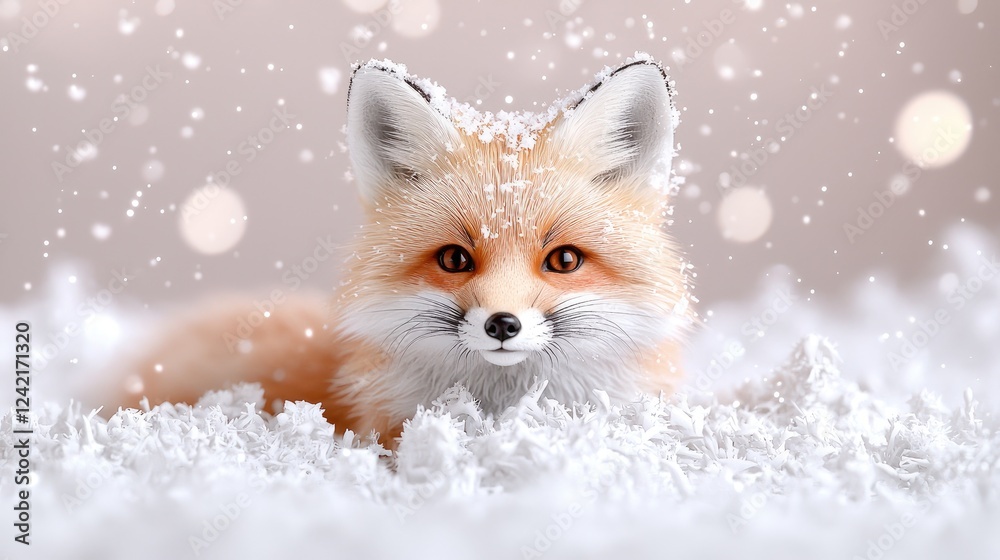 Fototapeta premium Red fox in snow, winter wonderland, bokeh background, Christmas card