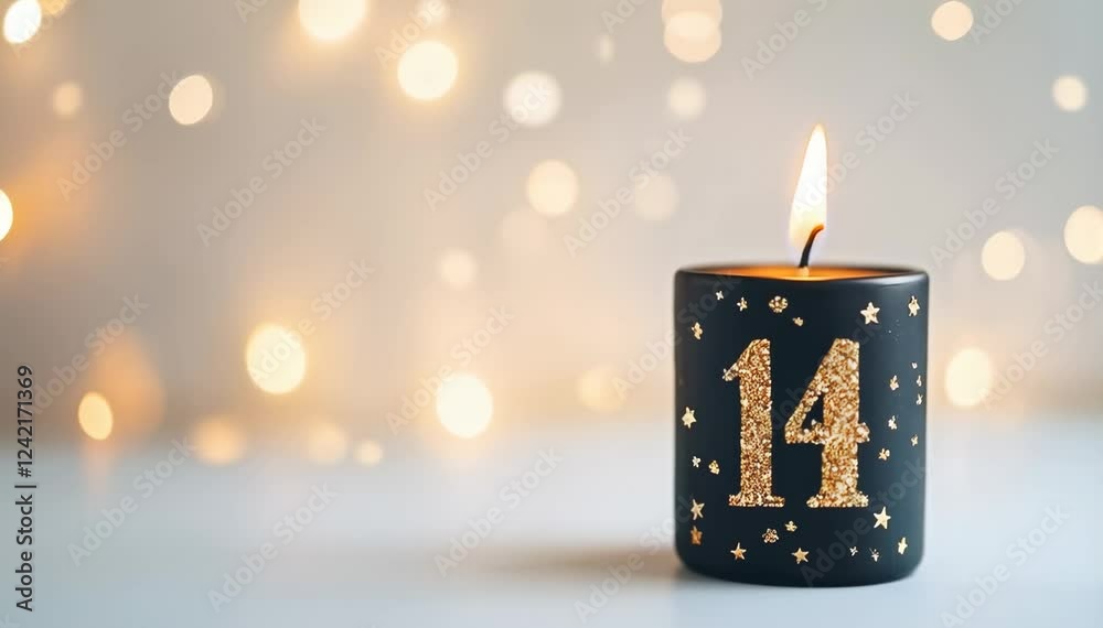 A Elegant Black Candle With The Number 14 Glimmering in Gold Glitter Surrounded by Soft Bokeh Lights, Ideal for Celebrations and Special Occasions