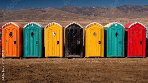 Colorful portable toilets in a row against a mountain backdrop.
