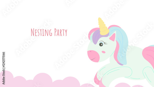 Nesting party banner honor of expectant parents. Unicorn on pink clouds. Website poster design in pastel colors. Vector illustration.
