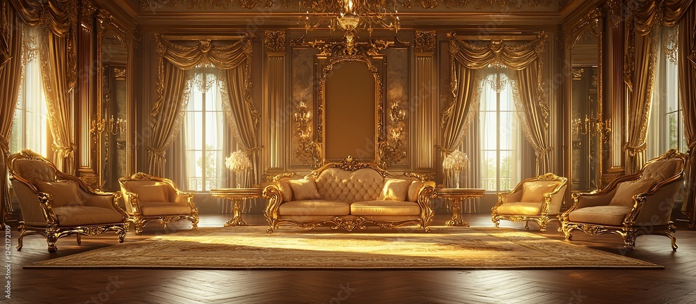 Fototapeta premium Luxurious golden living room with ornate furniture, sunlight streaming through large windows, elegant decor
