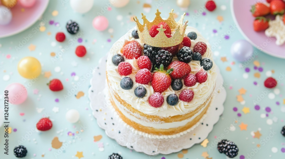 Overhead shot of a luxurious strawberry cream and vanilla cake, topped with fresh berries and a crown, styled with pastel birthday party decor. Overhead shot of a luxurious strawberry cream and vanilla cake, topped with fresh berries and a crown, styled with pastel birthday party decor.