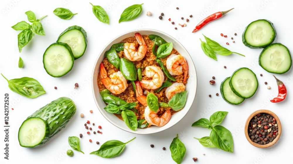 Overhead shot of shrimp paste stir-fried curry with fresh shrimp, vibrant bitter beans, carved cucumbers, and chili, isolated on a white background. Overhead shot of shrimp paste stir-fried curry with fresh shrimp, vibrant bitter beans, carved cucumbers, and chili, isolated on a white background.