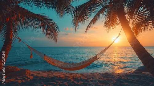 Serene sunset over a tranquil beach with a hammock swaying between palm trees, evoking relaxation photo