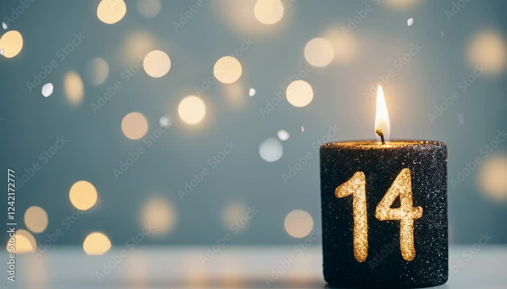 A Sparkling Black Candle with the Number 14 Illuminated Against a Dreamy Bokeh Background, Symbolizing Celebration and Joyful Occasions