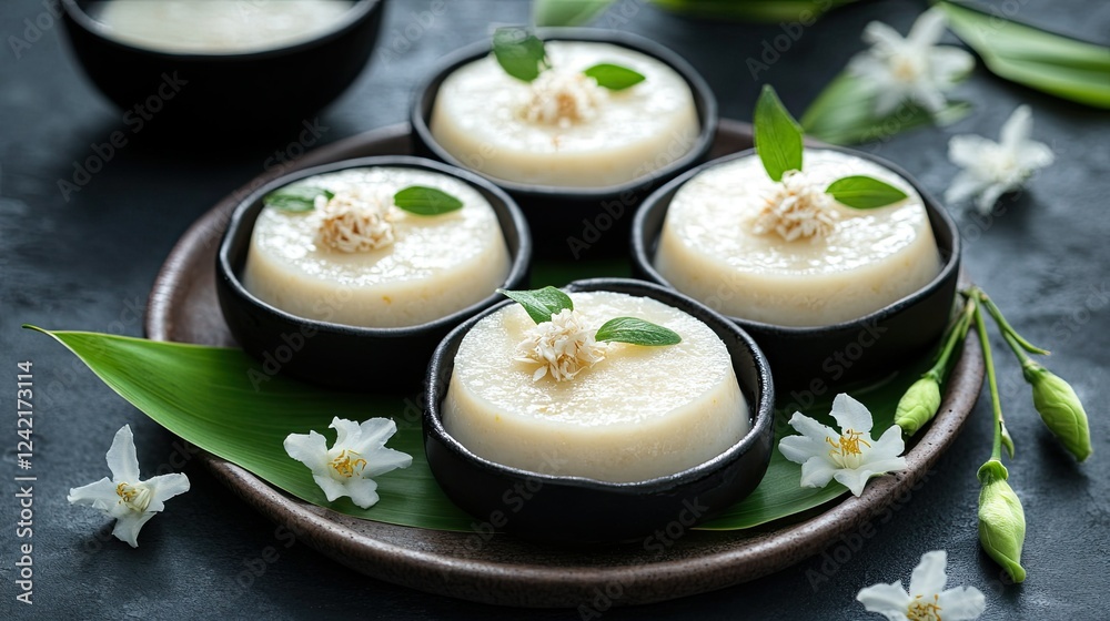 Side view of glossy Med Kanoon desserts placed on fresh banana leaves, styled with jasmine flowers for a traditional Thai dessert presentation. Side view of glossy Med Kanoon desserts placed on fresh banana leaves, styled with jasmine flowers for a traditional Thai dessert presentation.